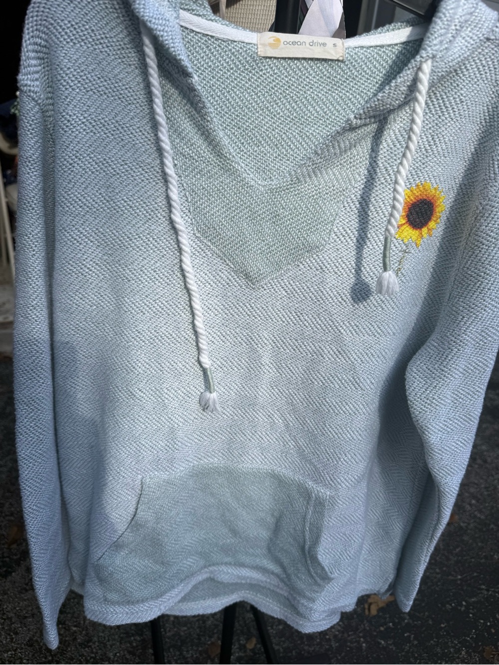 Ocean Drive Light Blue V-Neck Hoodie Sweater with Sunflower Detail